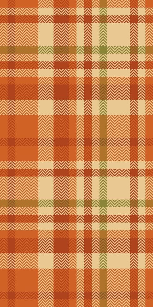 Warm autumnal plaid pattern in orange, beige, and green hues. Perfect for fallthemed designs, textile prints, and backgrounds. Evokes feelings of comfort, warmth, and rustic charm. vector