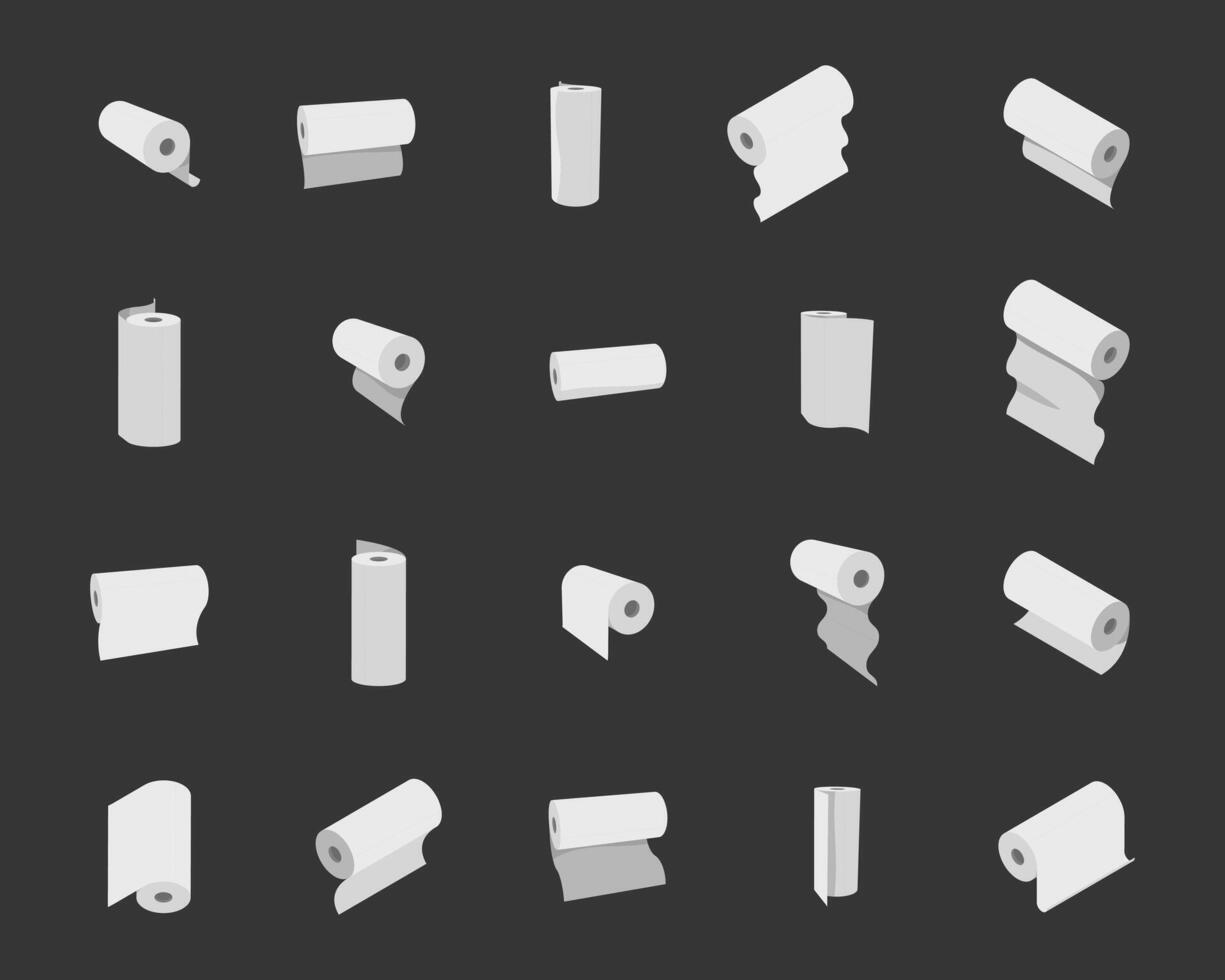 Collection of paper towel rolls in various positions, showcasing different perspectives and angles. vector