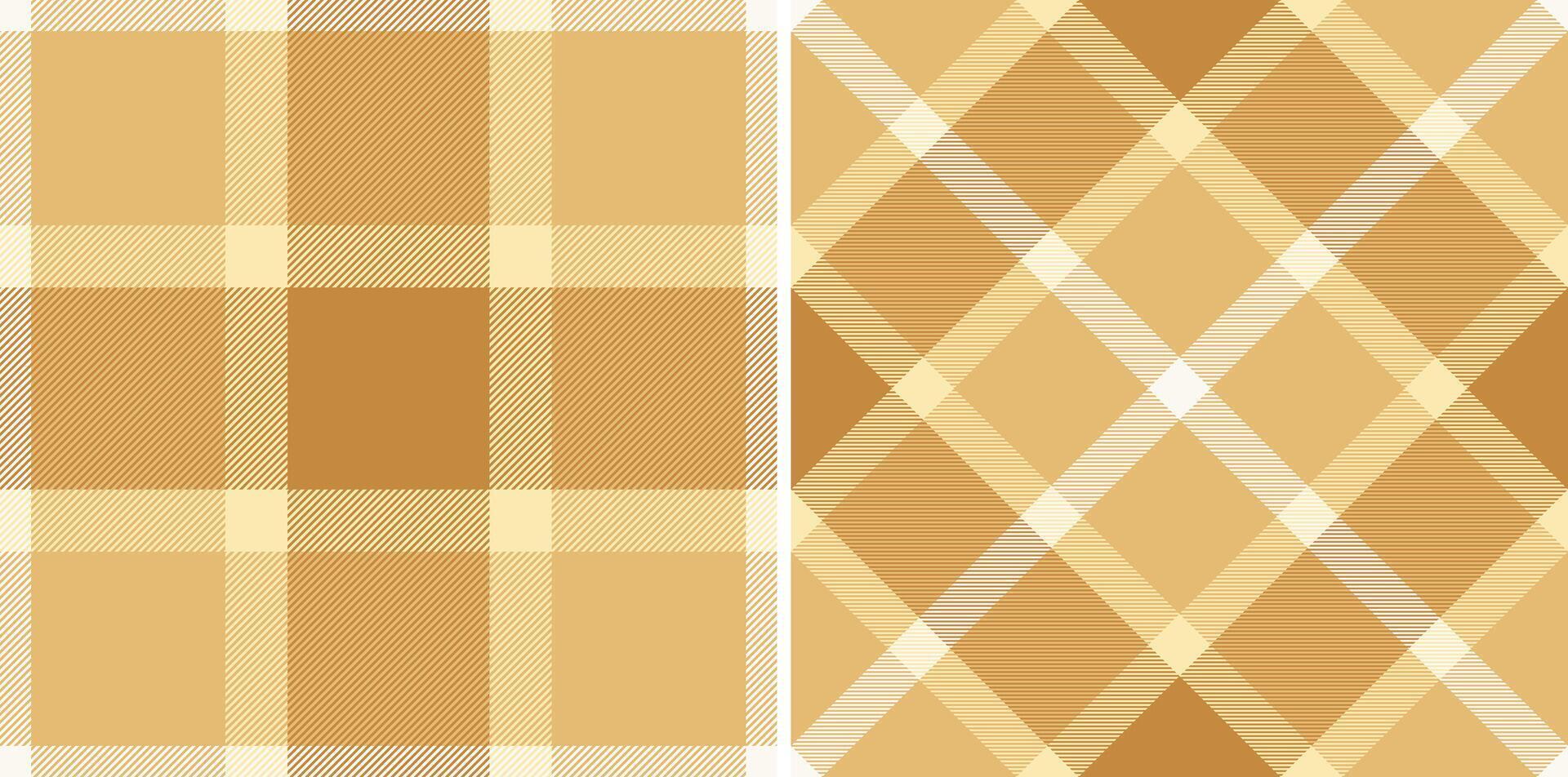 Two plaid patterns offer versatility for design. One is a classic check, the other, a dynamic diagonal. Warm, earthtone colors add cozy, autumn vibes. Use for textiles, backgrounds, or branding. vector