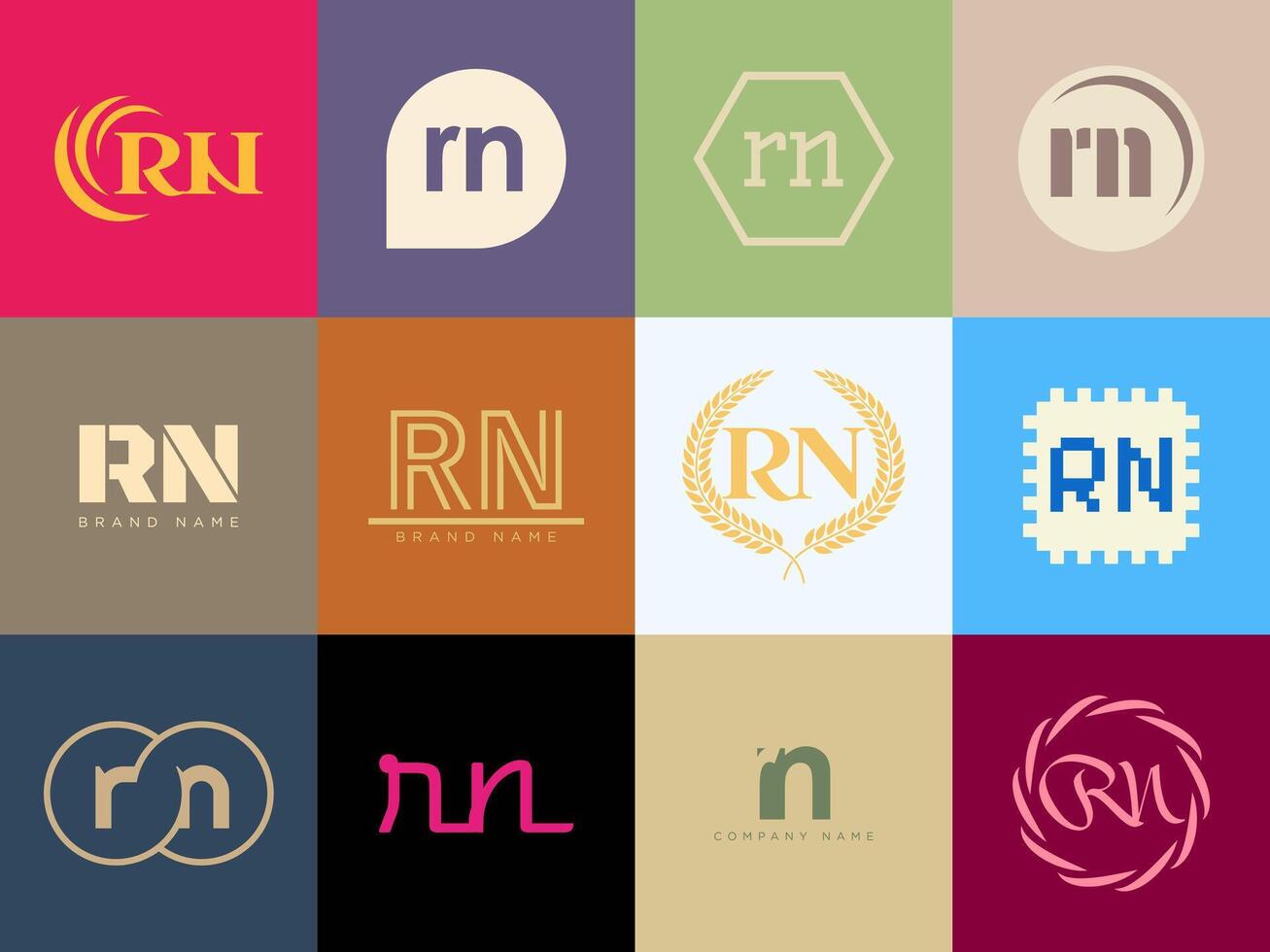 RN logo company template. Letter r and n logotype. Set different classic serif lettering and modern bold text with design elements. Initial font typography. vector
