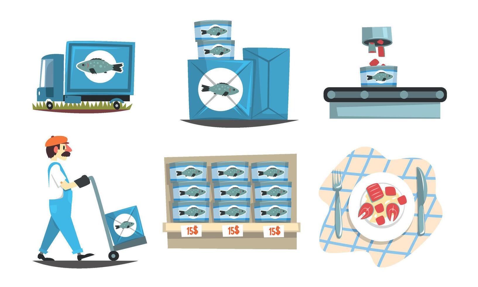 Seafood Production Steps Set, Fishing Vessel and Factory Equipment Illustration on White Background vector