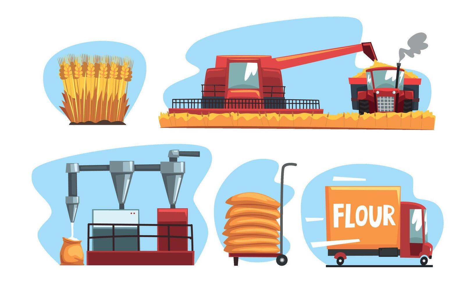 Production of Flour and Bread Set, Industrial Wheat Processing Illustration on White Background vector
