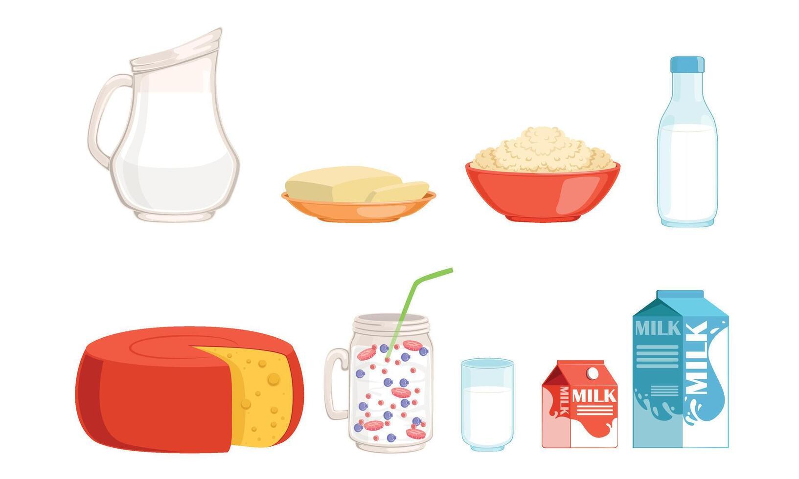 Fresh and Healthy Dairy Products Collection, Cheese, Milk, Butter, Cottage Cheese, Smoothies Illustration vector