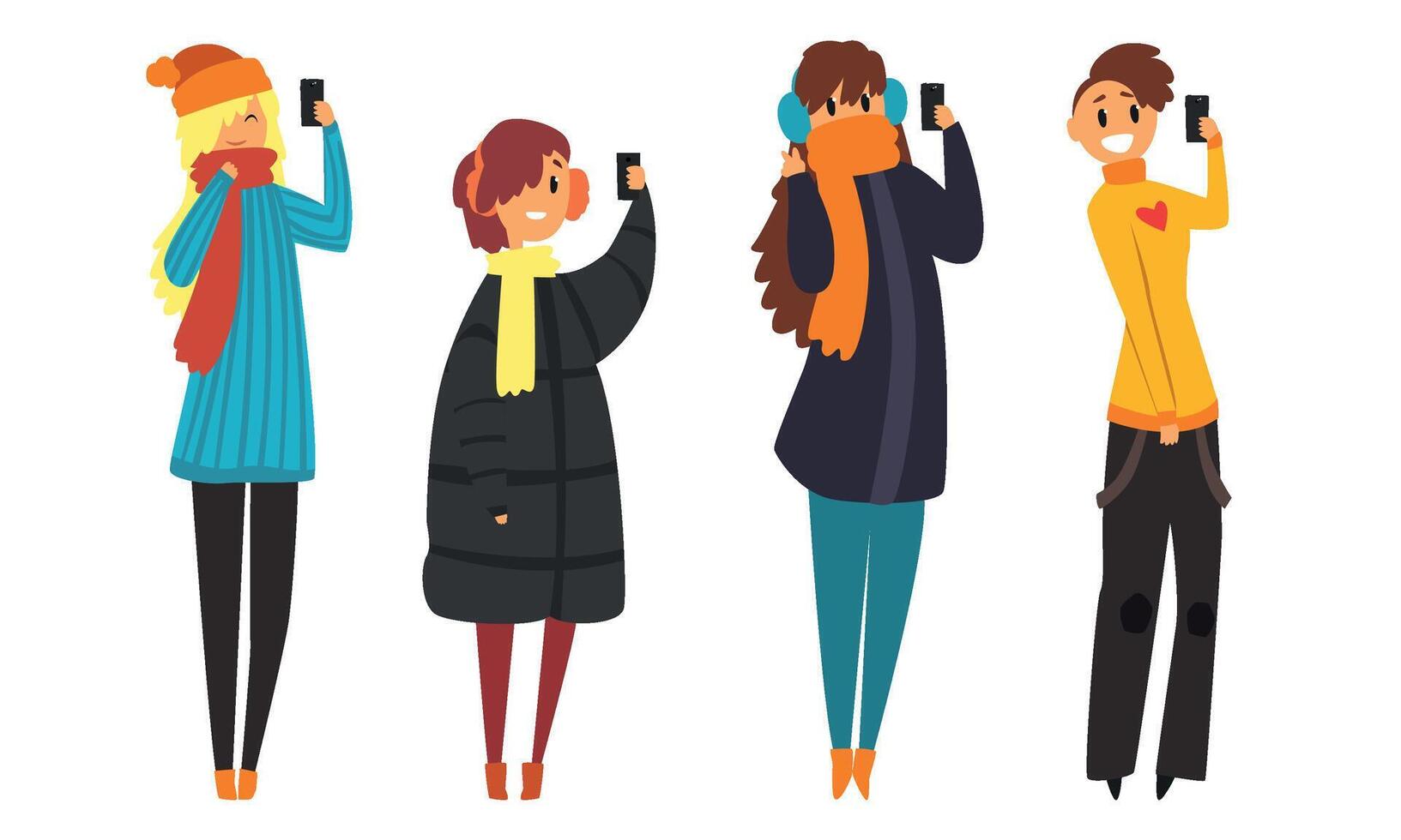 Trendy People with Gadgets Collection, Young Man and Woman Taking Selfie for Social Median Networks Illustration on White Background vector