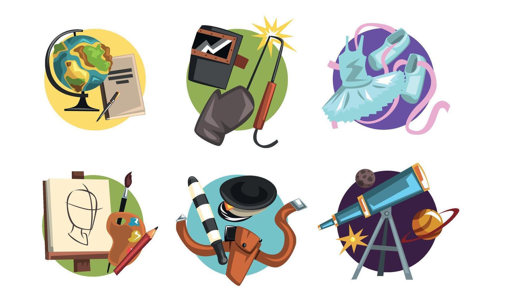 Symbols of Various Professions Collection, Ballerina, Teacher, Welder, Artist, Policeman, Astronomer Signs Illustration on White Background vector