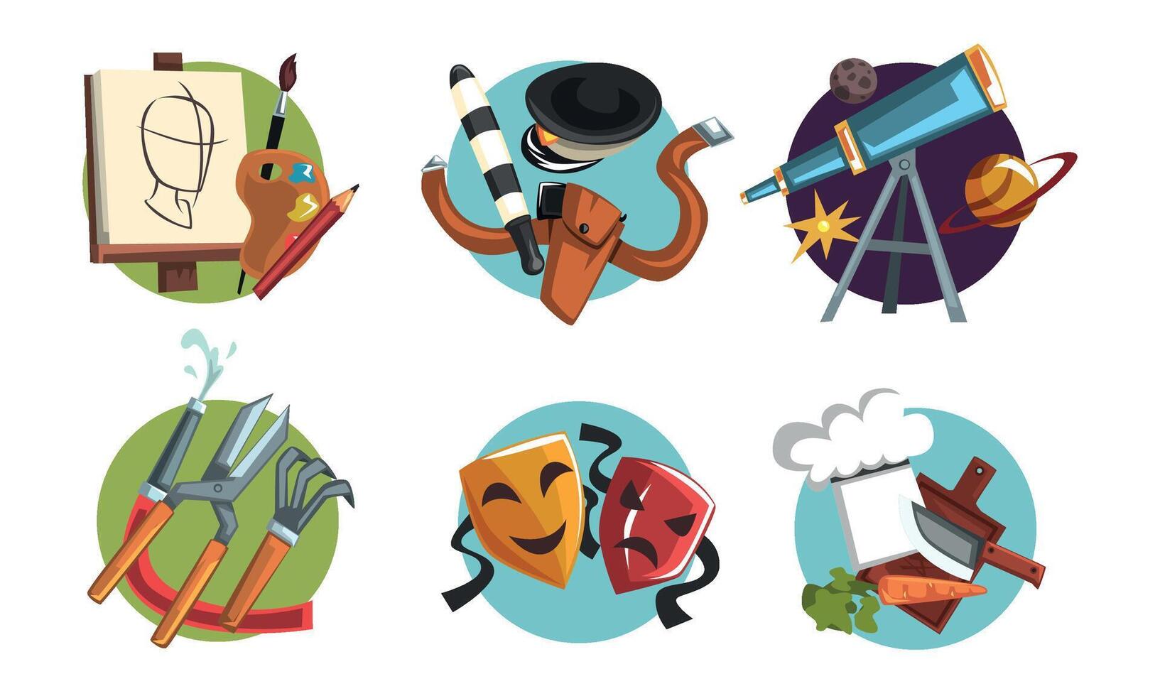 Symbols of Various Professions Collection, Artist, Policeman, Astronomer, Gardener, Actor, Chef Cook Signs Illustration on White Background vector