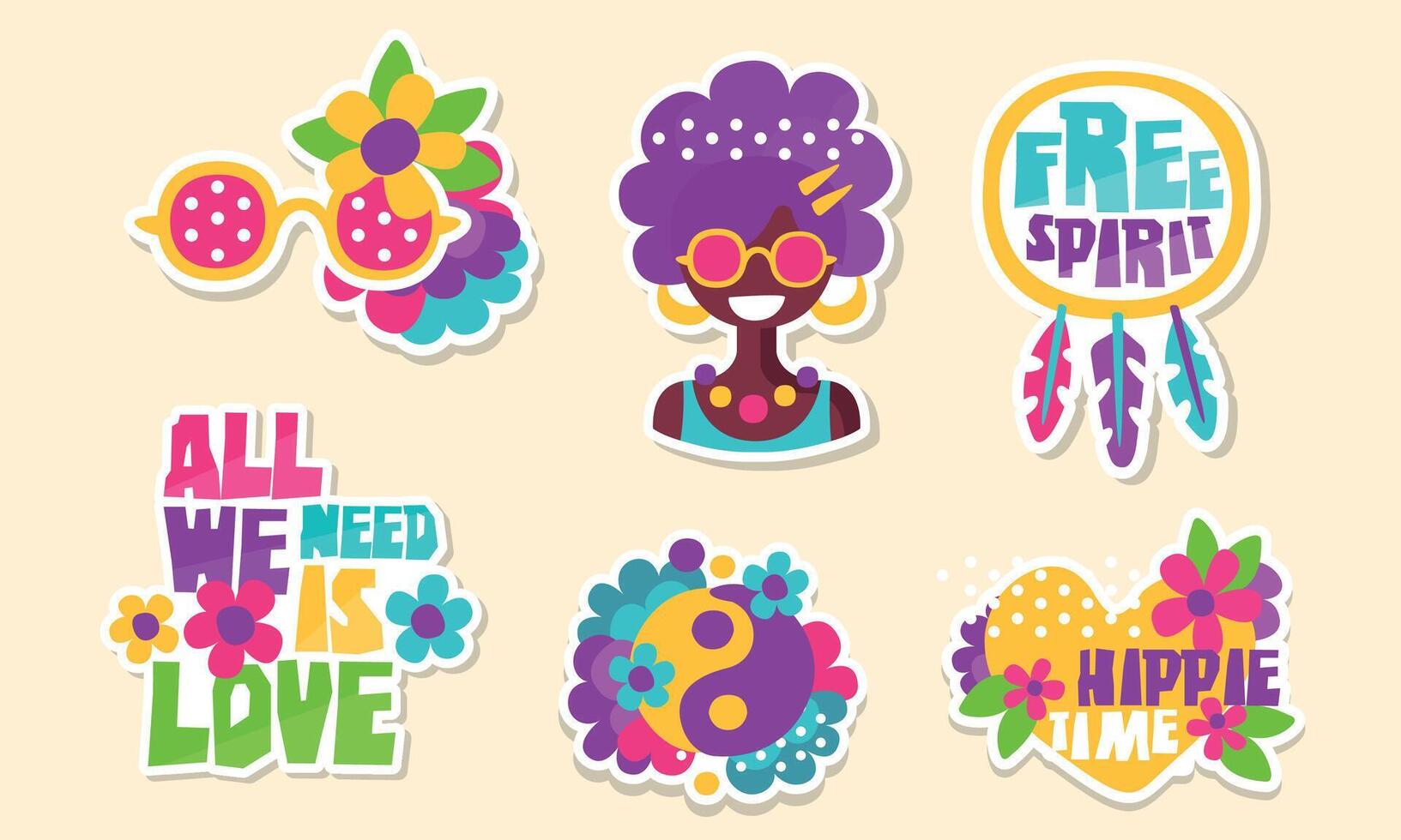 Colorful Retro Hippie Patches and Emblems Collection, Bright Vintage Stickers Illustration vector
