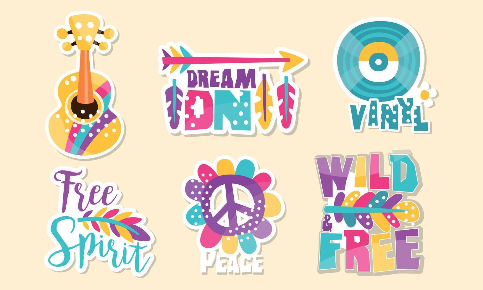 Retro Hippie Patches Collection, Cute Colorful Bright Stickers Illustration vector
