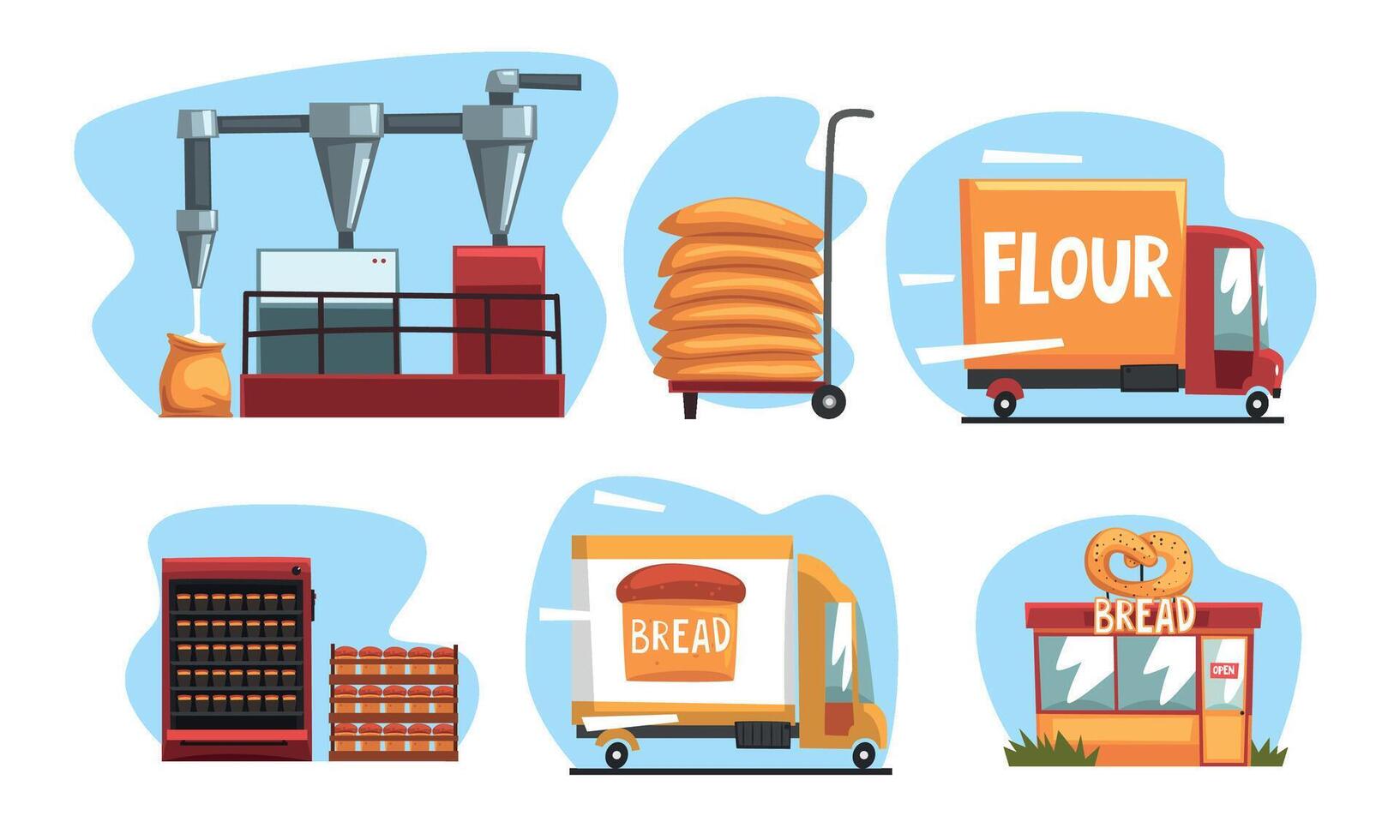 Production of Bread Set, Industrial Wheat Processing Illustration on White Background vector