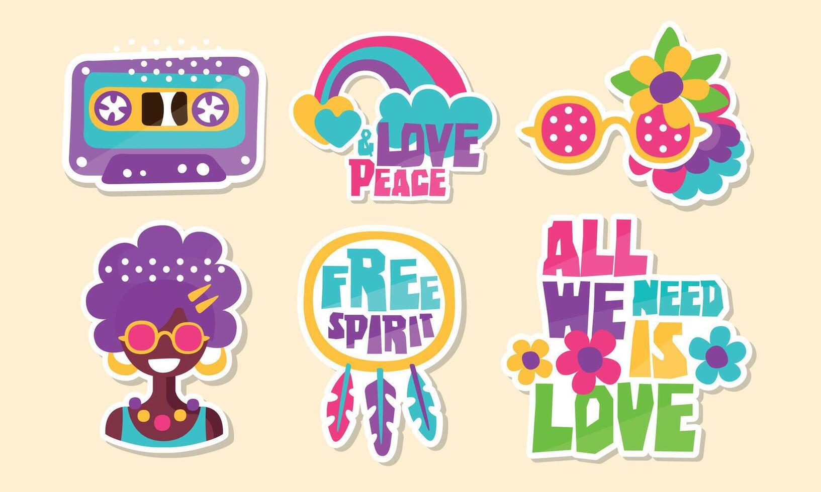 Colorful Retro Hippie Patches Collection, Bright Vintage Stickers Illustration vector