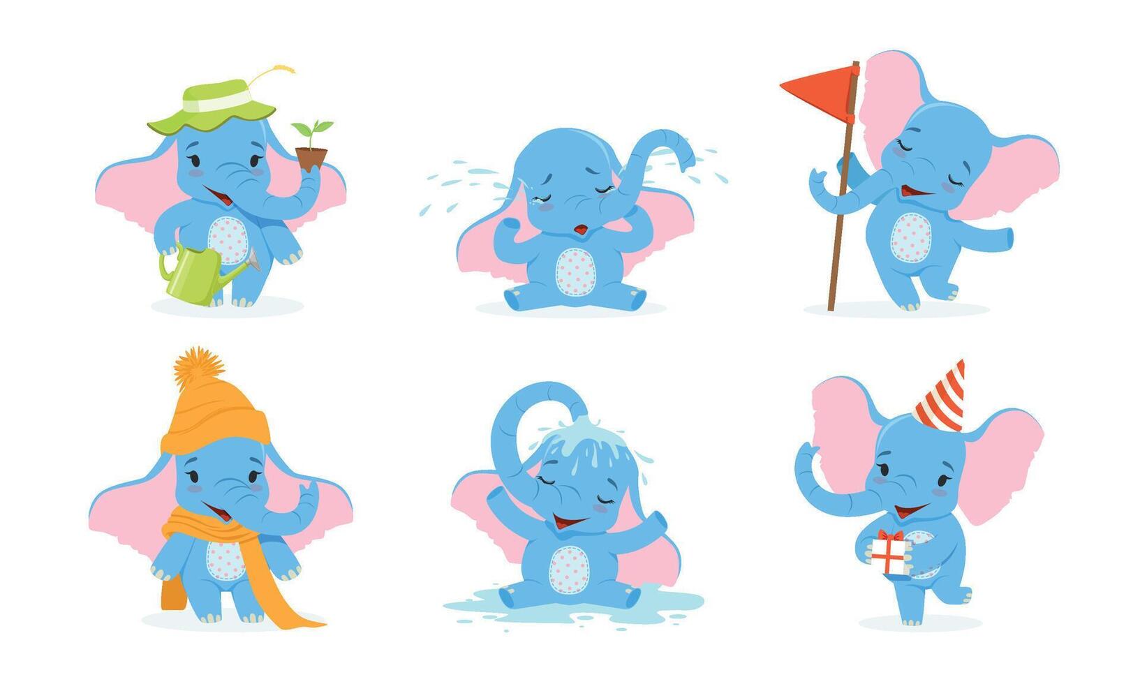 Cute Elephant Cartoon Character Collection, Adorable African Baby Animal in Different Situations Illustration vector
