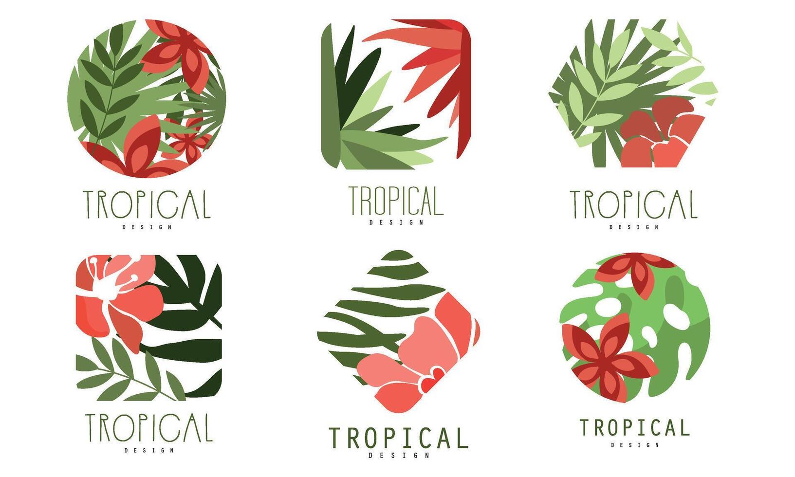 Geometric Tropical Logo Design Collection with Exotic Leaves and Red Flowers Illustration vector