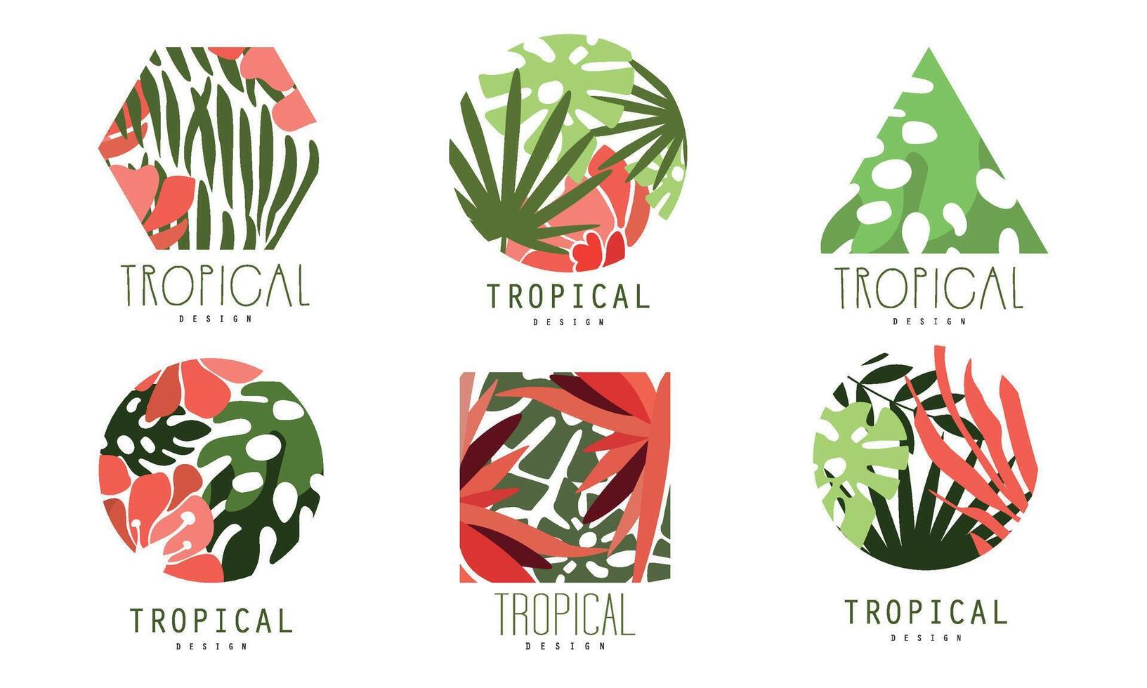 Tropical Logo Design Collection, Badges of Various Geometric Shapes with Exotic Leaves and Flowers Illustration vector