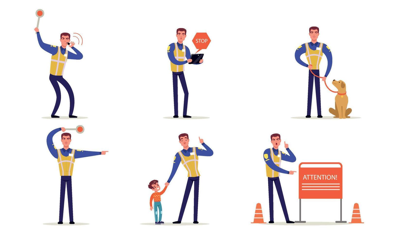 Traffic Police Officer in Uniform Collection, Policeman Standing on Road and Making Signs with his Hands Illustration vector