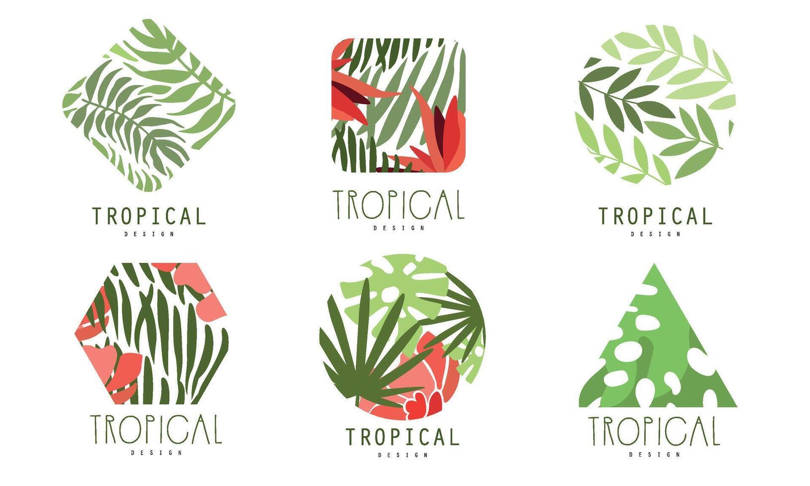 Tropical Logo Design Collection, Geometric Badges with Exotic Leaves and Flowers Illustration vector