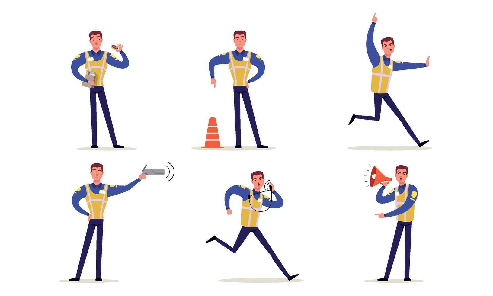Male Traffic Officer in Uniform Collection, Policeman Standing at Crossroads and Making Signs with his Hands Illustration vector