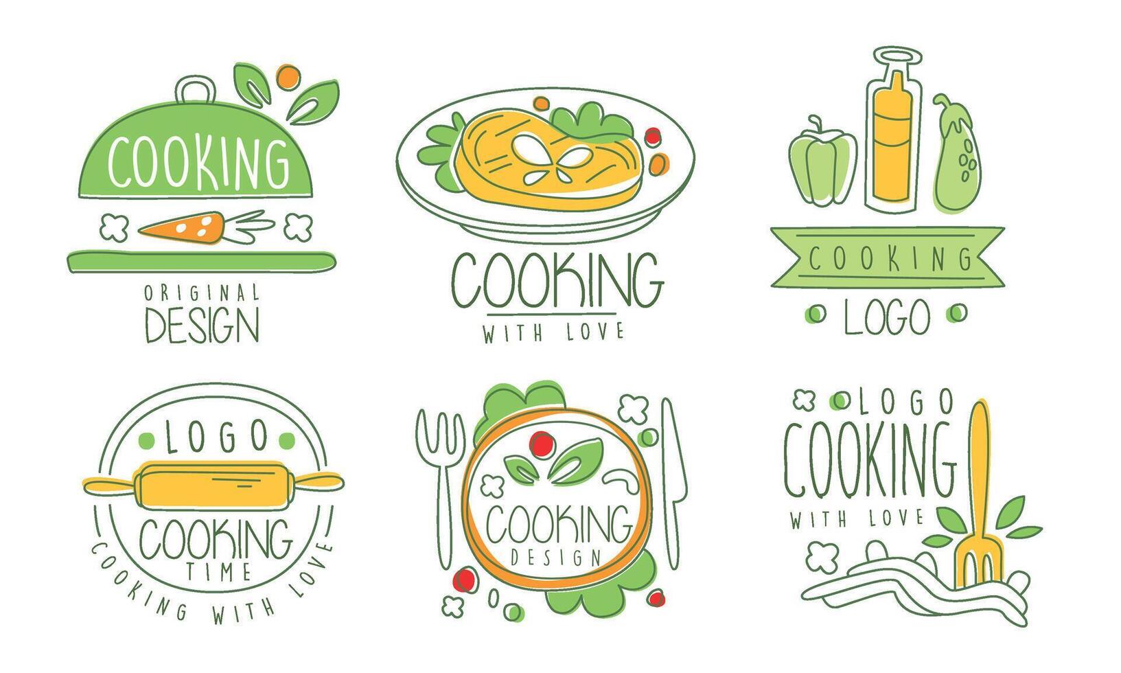 Cooking Time Logo Design Collection, Cooking Class, Kitchen, Culinary Hand Drawn Badges Illustration vector