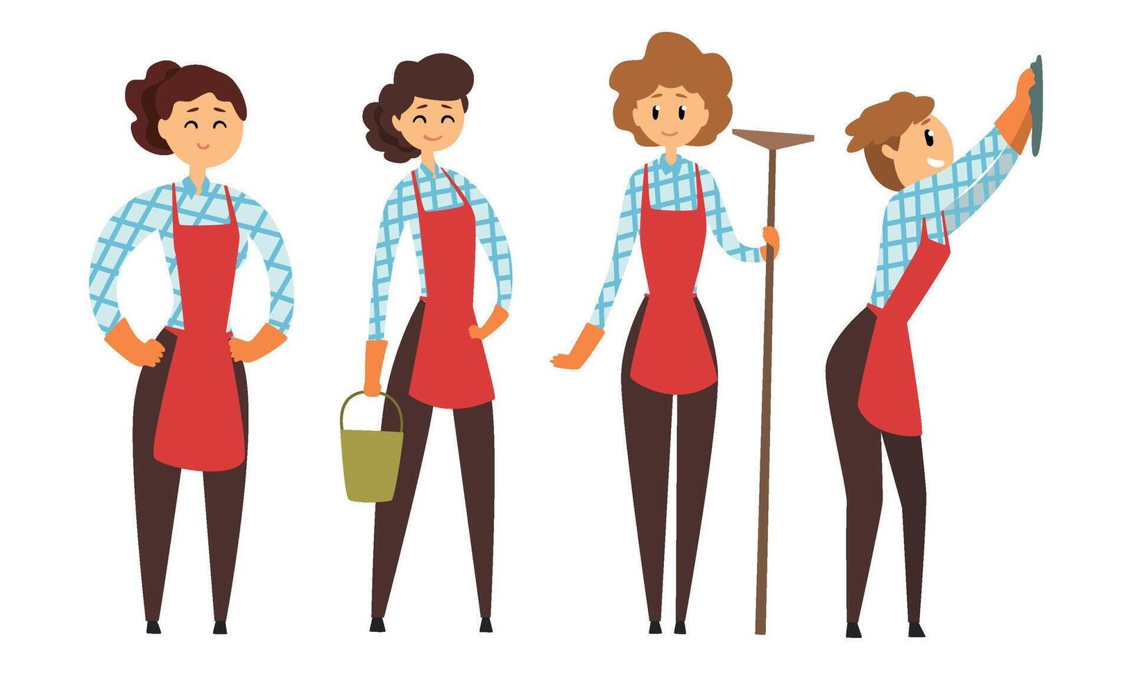 Female Worker of Cleaning Service in Apron with Different Tools Collection, Housewife Doing Everyday Domestic Routine Illustration vector