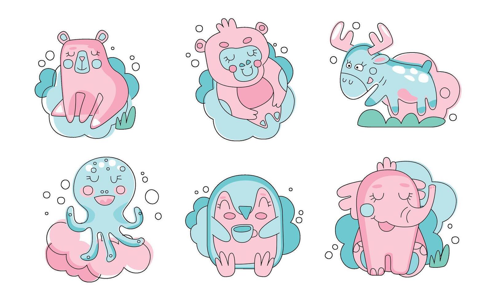 Cute Sleeping Animals Collection, Lovely Bear, Monkey, Deer, Octopus, Bird, Elephant of Pastel Colors Illustration vector