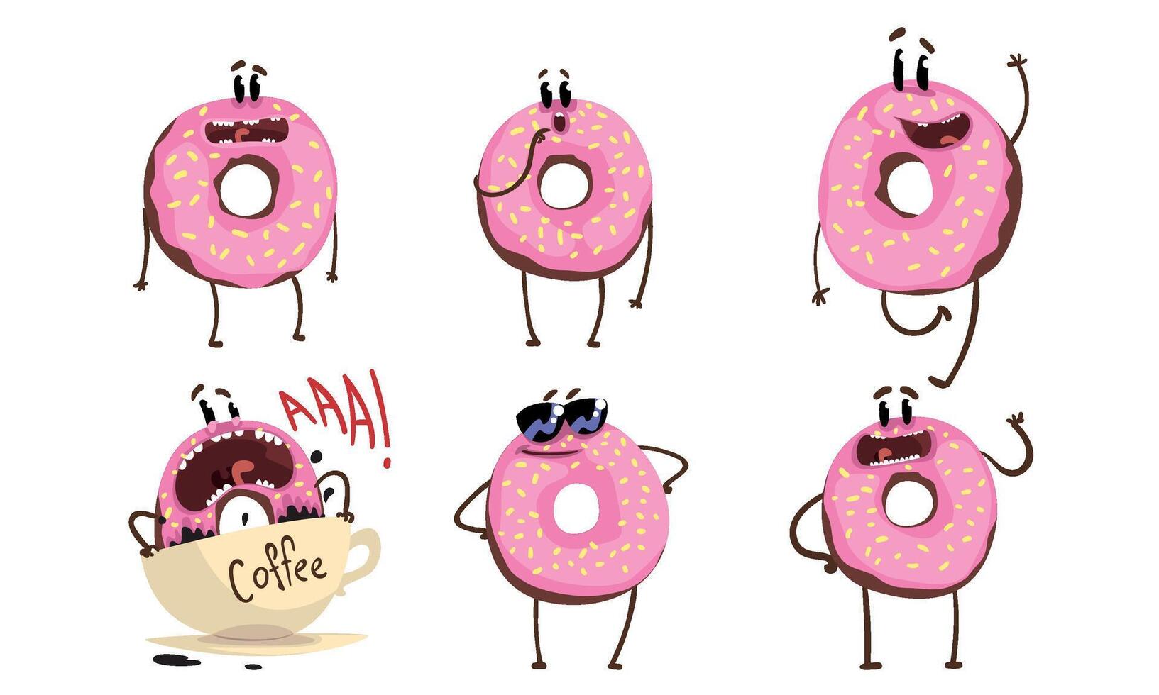 Glazed Donuts Cartoon Characters Collection, Funny Humanized Doughnuts with Funny Faces Illustration vector