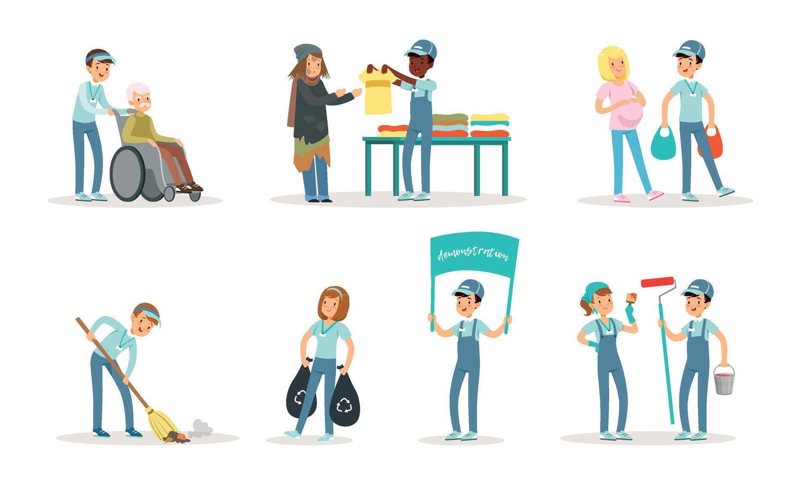 Volunteers Collection, Guys and Girls Helping Seniors, Painting Walls, Supporting People in Need, Cleaning Streets Illustration vector