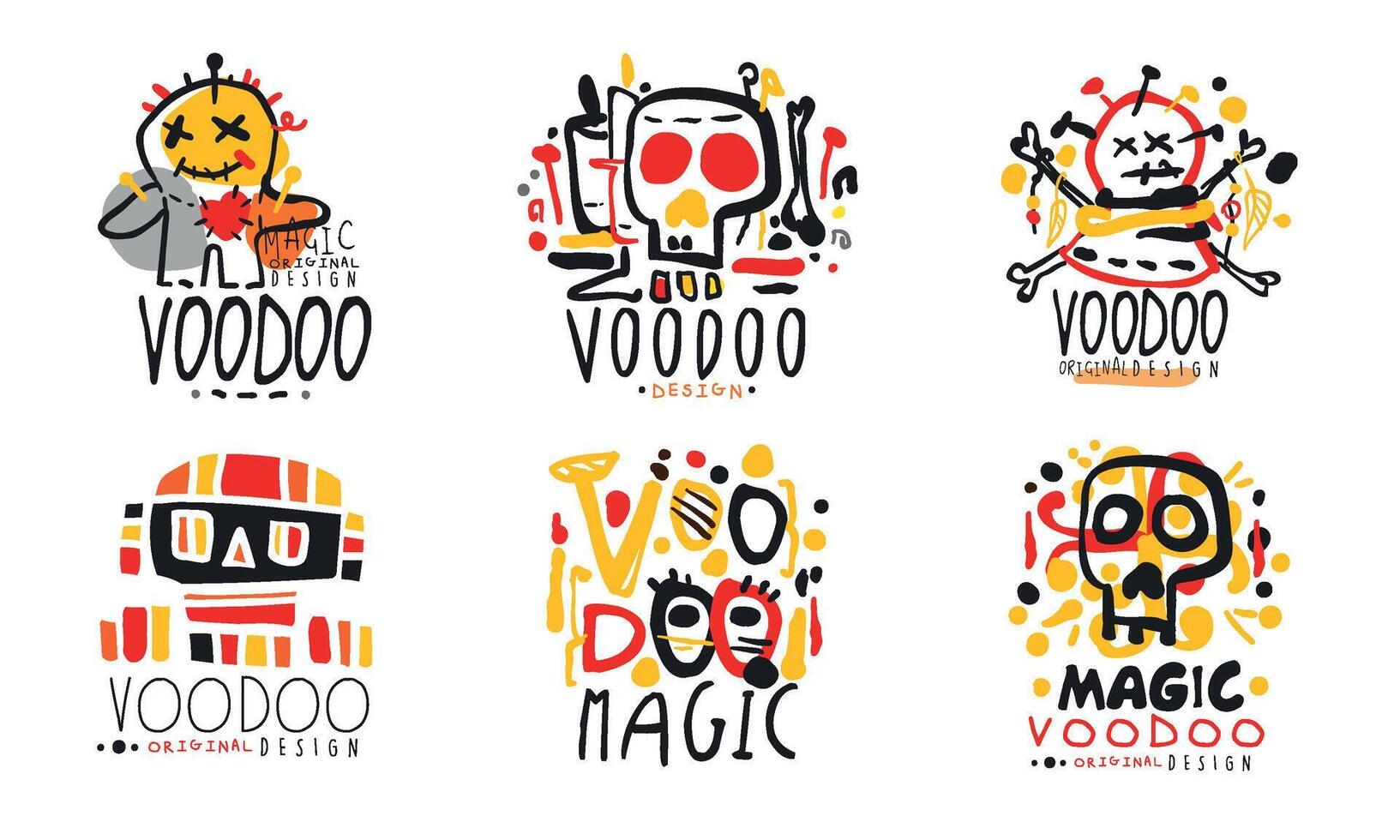 Voodoo Original Design Logo Collection, African and American Magic Hand Drawn Badges Illustration vector