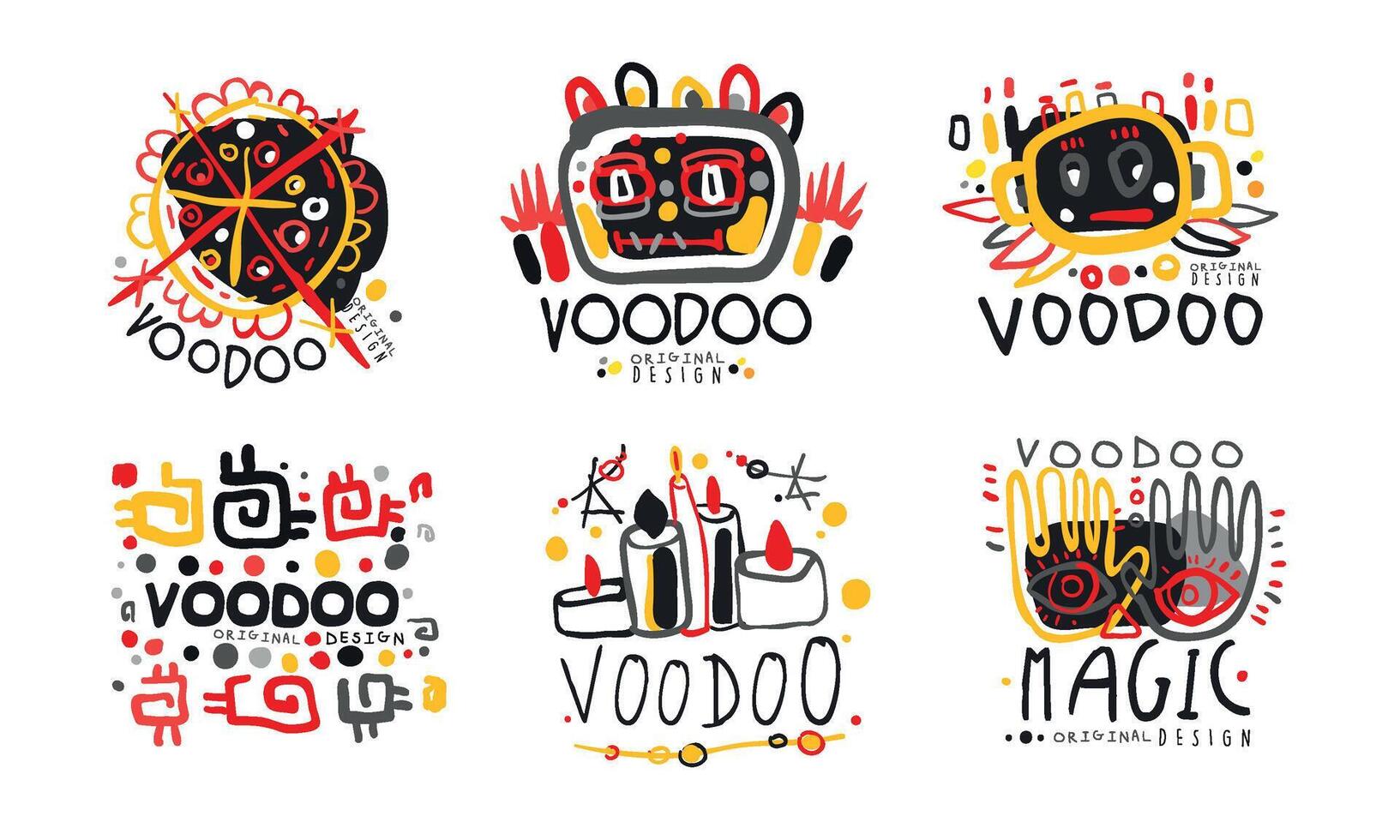 Voodoo Original Design Logo Collection, African or American Magic Culture Hand Drawn Badges Illustration vector