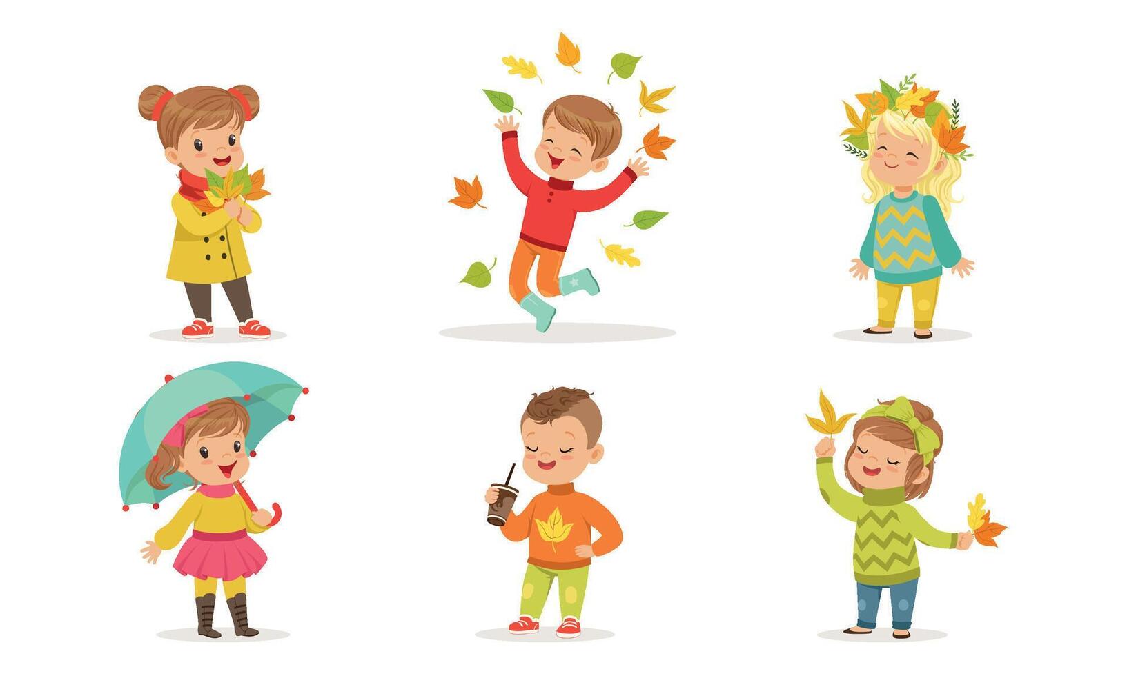 Outdoor Autumn Activities Collection, Cute Boys and Girls Having Good Time, Walking and Playing Wearing Warm Clothes Illustration vector