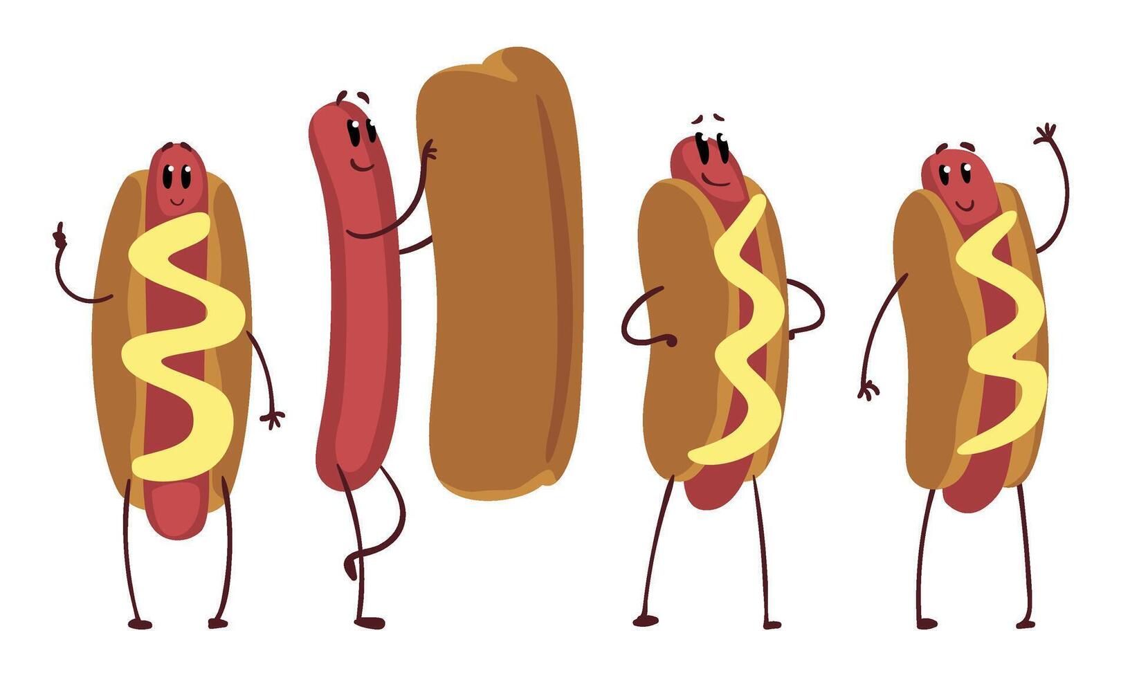 Funny Hot Dogs Collection, Humanized Fast Food Cartoon Characters in Various Poses Illustration vector