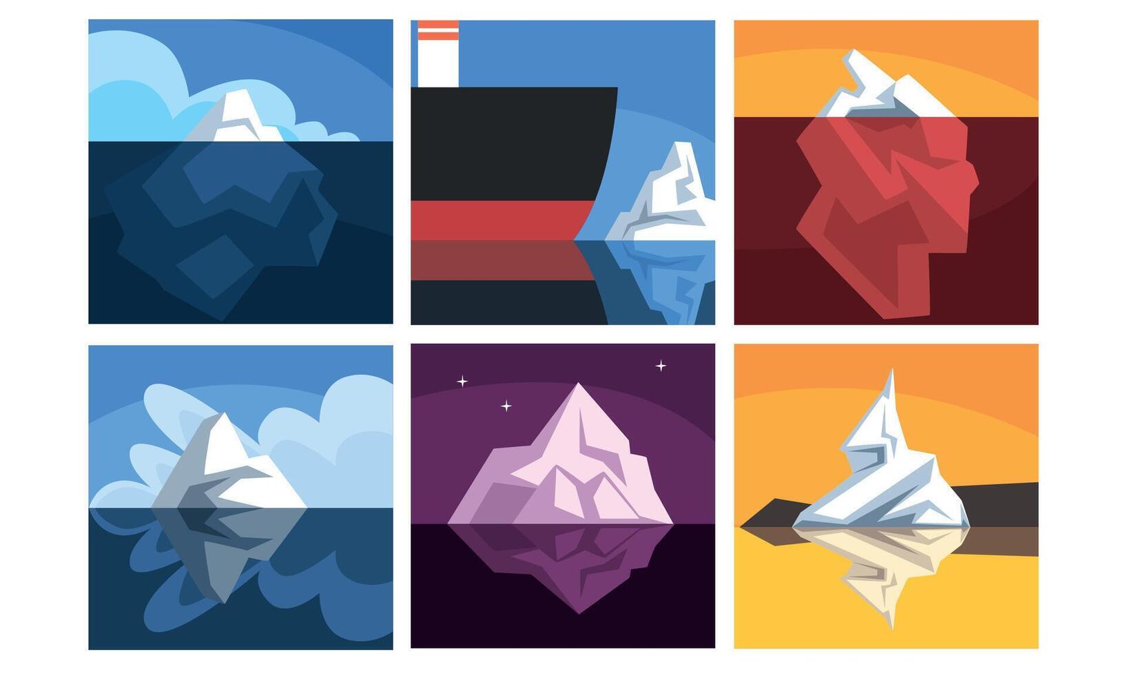 Collection of Icebergs Floating on Water with Underwater Parts, Beautiful Nothern Landscape Illustration vector