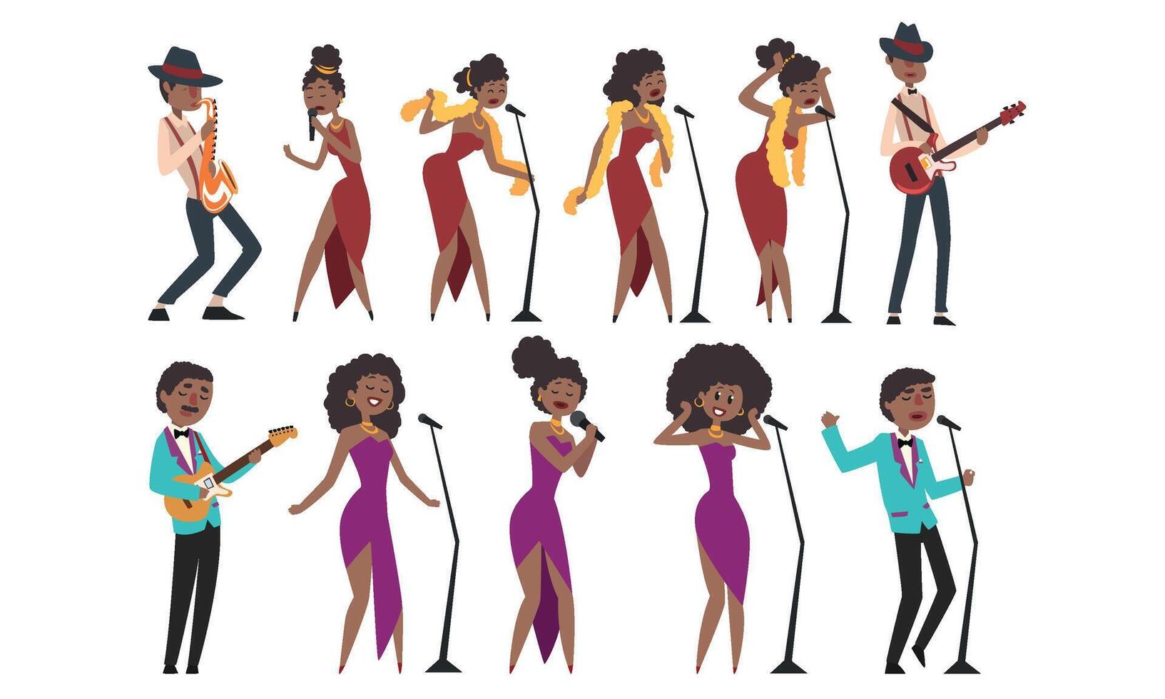 Jazz Band, African American Men and Women Singing and Playing Different Musical Instruments Illustration vector
