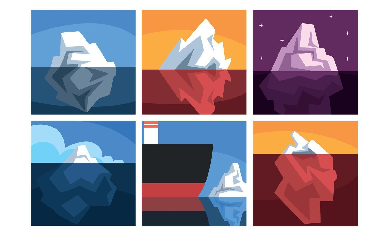 Icebergs Collection, Iceberg Floating on Water with Underwater Part, Beautiful Nothern Landscape Illustration vector