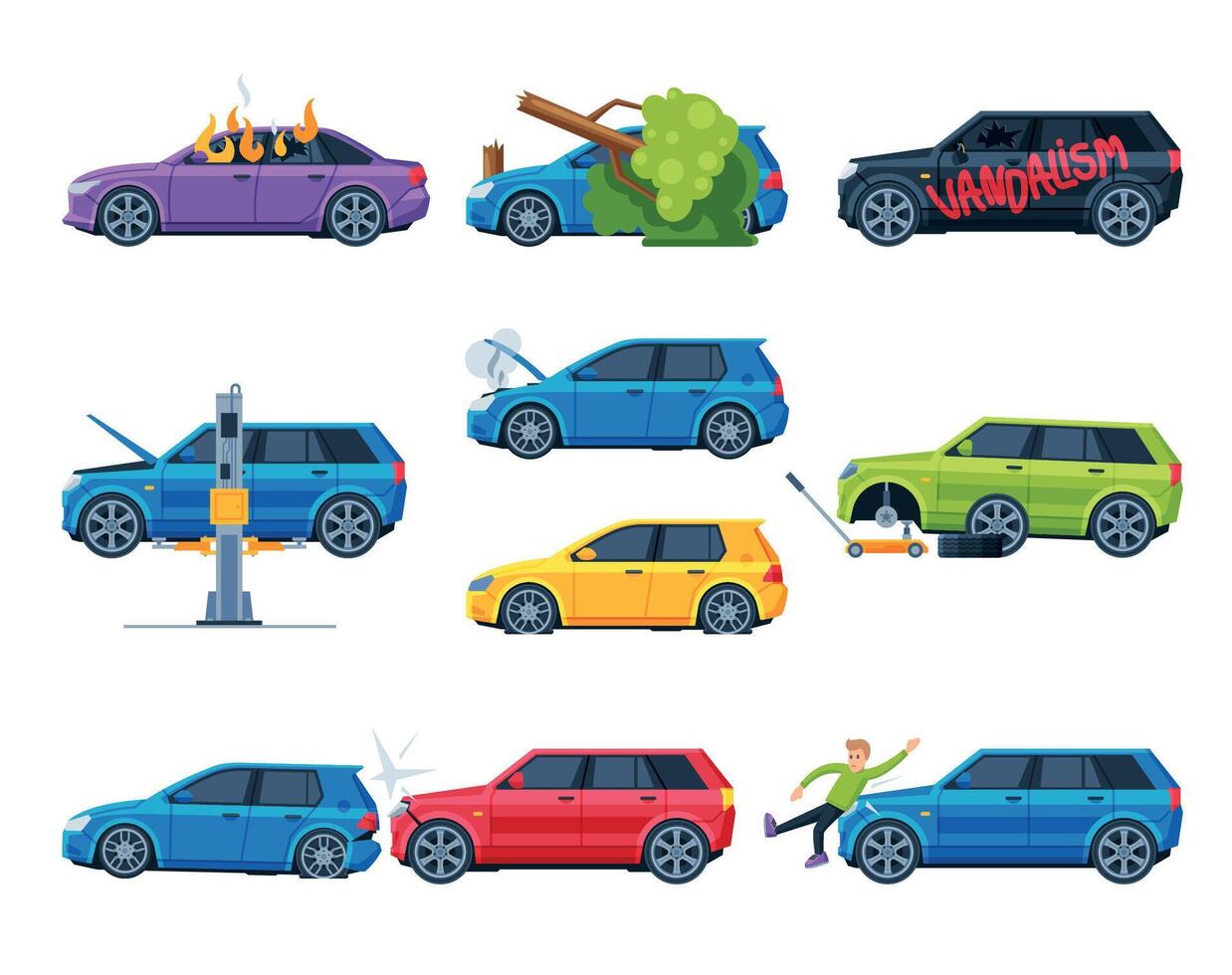 Different Accidents and Crashes on the Road Set, Damaged Car Vehicles Flat Illustration vector