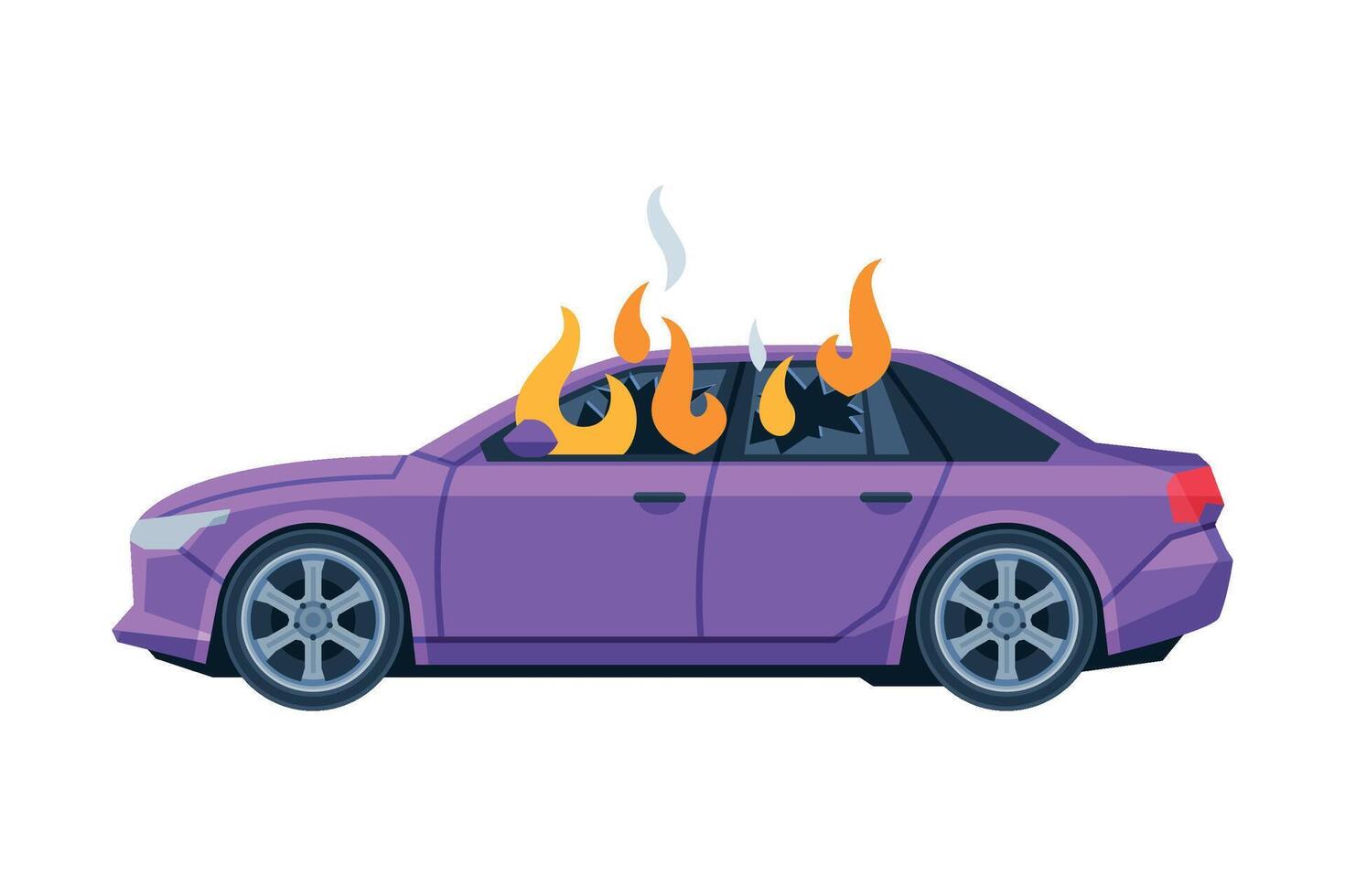 Burning Car, Auto Accident, Purple Car Side View Flat Illustration vector