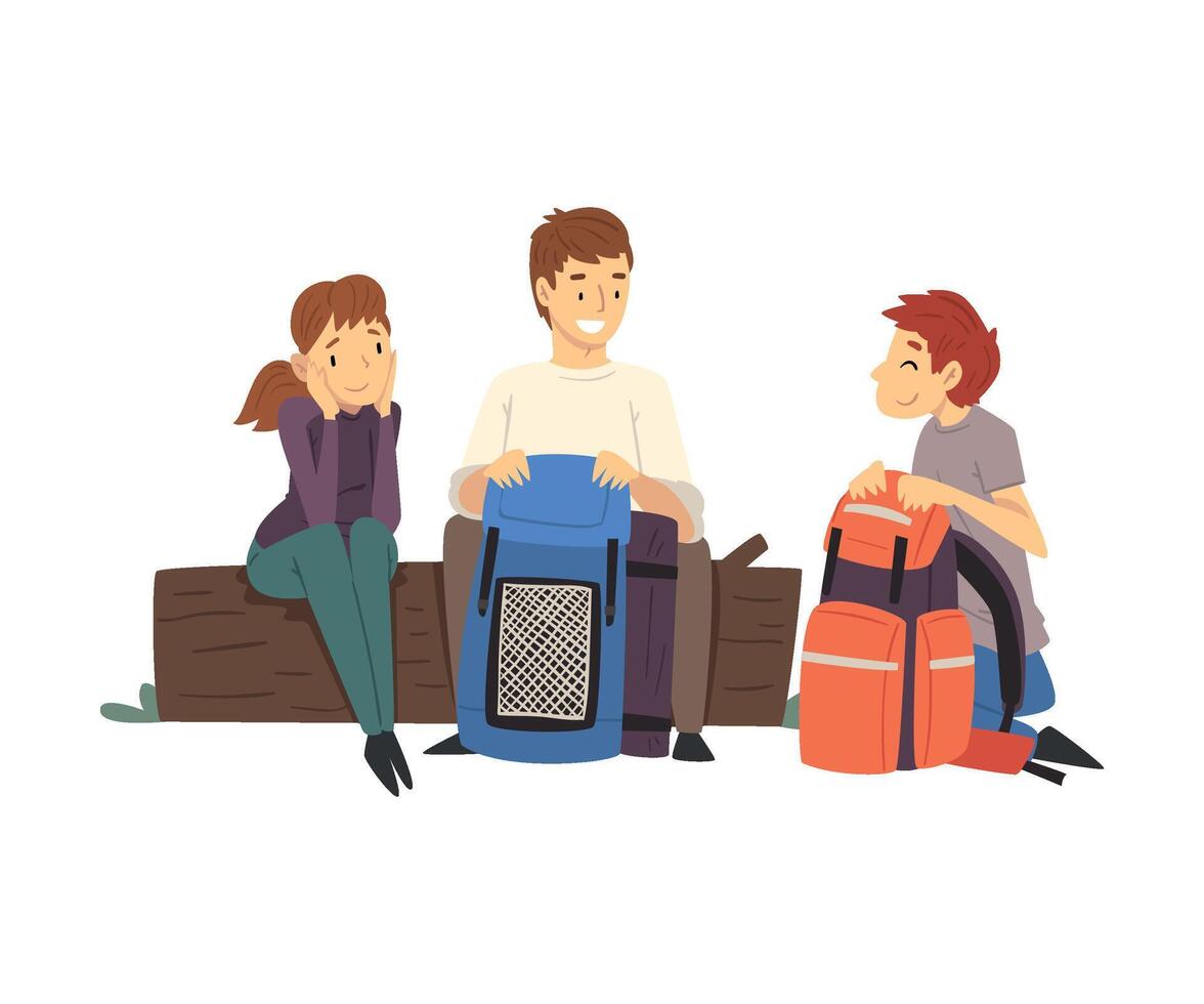 People with Hiking Backpacks Sitting on Log in the Forest Illustration vector