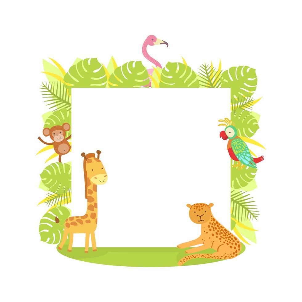 Jungle Animals with Blank Banner, Flamingo, Monkey, Parrot, Tiger, Giraffe, Standing Next to the Blank Signboard illustration vector