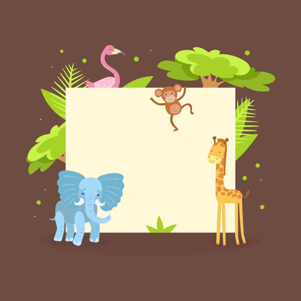Cute Jungle Animals with Blank Banner, Flamingo, Monkey, Elephant, Giraffe, Standing Next to the Blank Signboard illustration vector