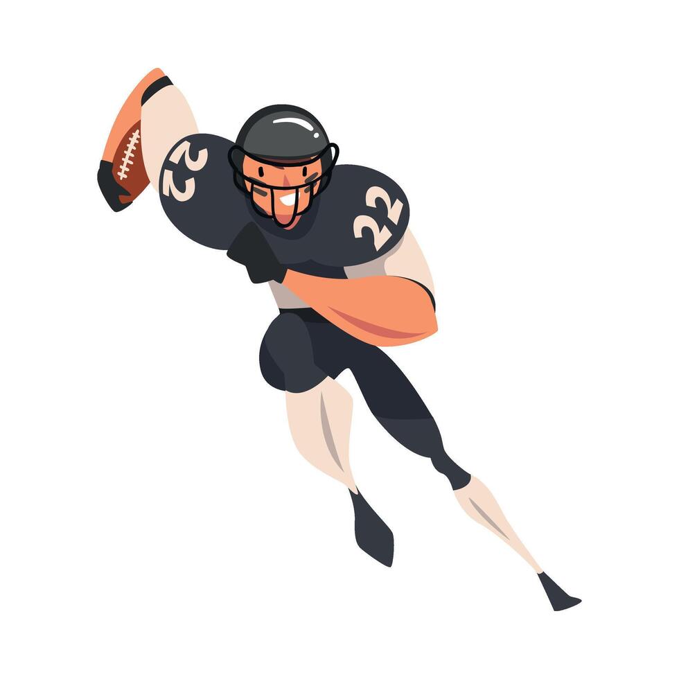 American Football Player Running, Male Athlete Character in Black Sports Uniform in Action, Front View Illustration vector