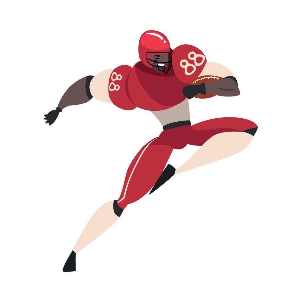 American Football Player in Action, Male Athlete Character in Red Sports Uniform Running Illustration vector