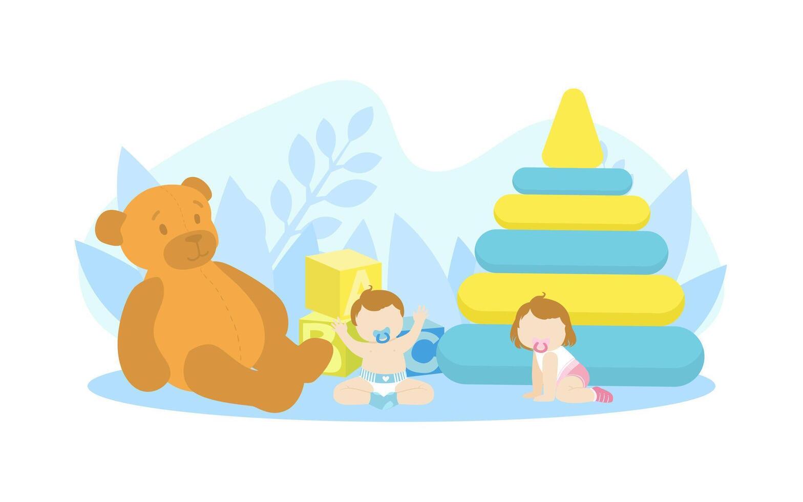 Cute Tiny Babies Playing with Giant Toys, Happy Childhood Illustration vector