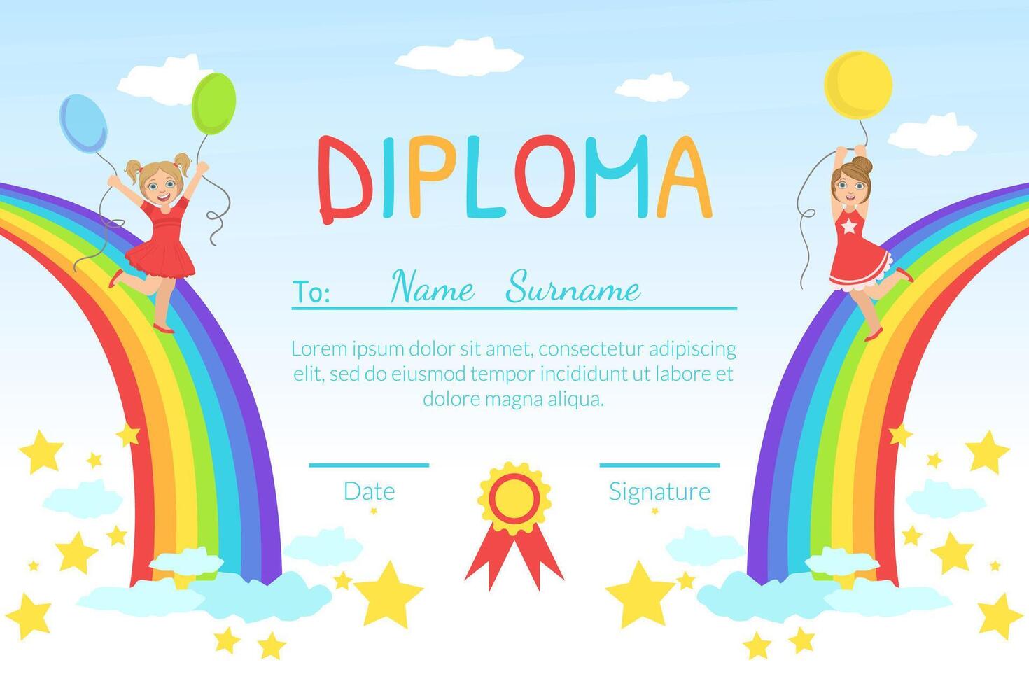 Kids Diploma Template with Place For Your Text, Preschool, Kindergarten Children Certificate witn Happy Kids Jumping on Rainbow During Sunny Day Illustration vector