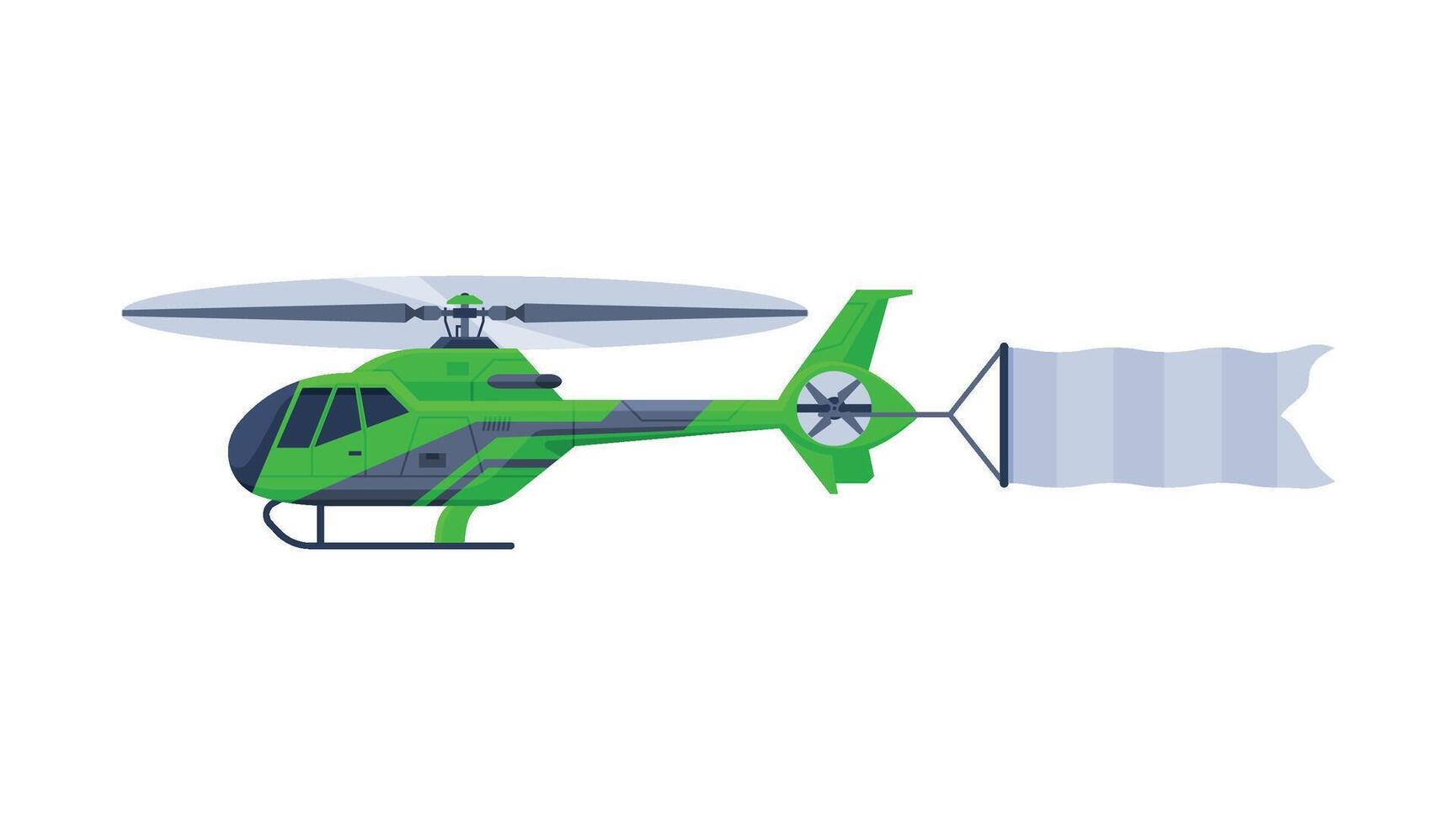 Green Helicopter with Blank Banner Flying in the Sky, Air Vehicle with White Flag Flat Illustration vector