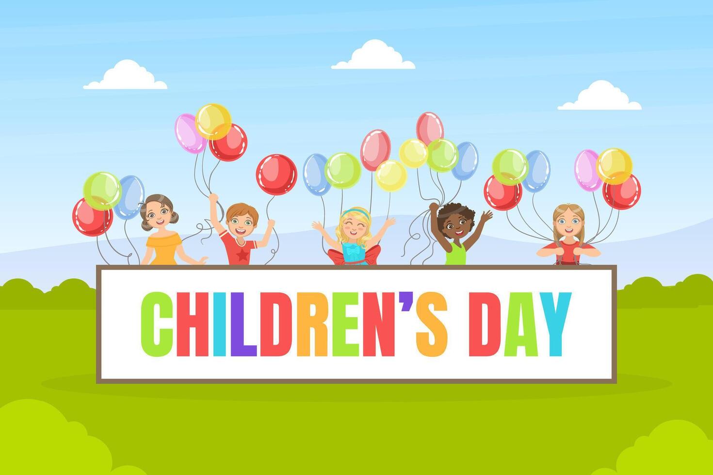 Childrens Day Banner Template, Happy Kids Having Fun with Colorful Balloons During Sunny Day Illustration vector