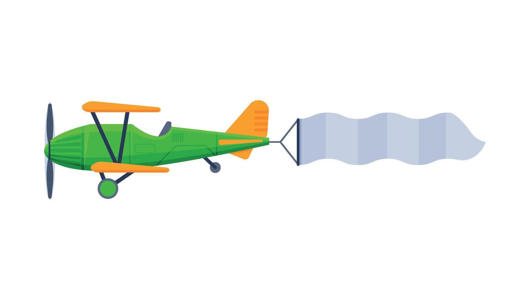 Retro Green Biplane with Blank Banner Flying in the Sky, Air Vehicle with White Ribbon for Advertising Flat Illustration vector