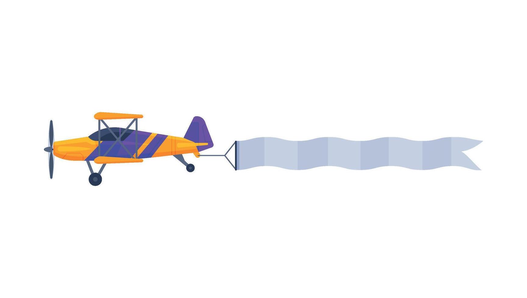 Retro Biplane with Blank Horizontal Banner Flying in the Sky, Air Vehicle with White Ribbon for Advertising Flat Illustration vector