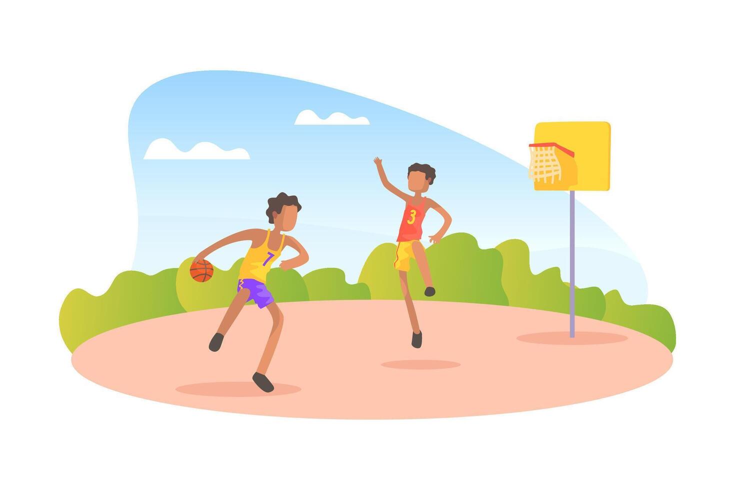 Teen Boys Wearing Uniform Playing Basketball on Playground on Summer Landscape Illustration vector
