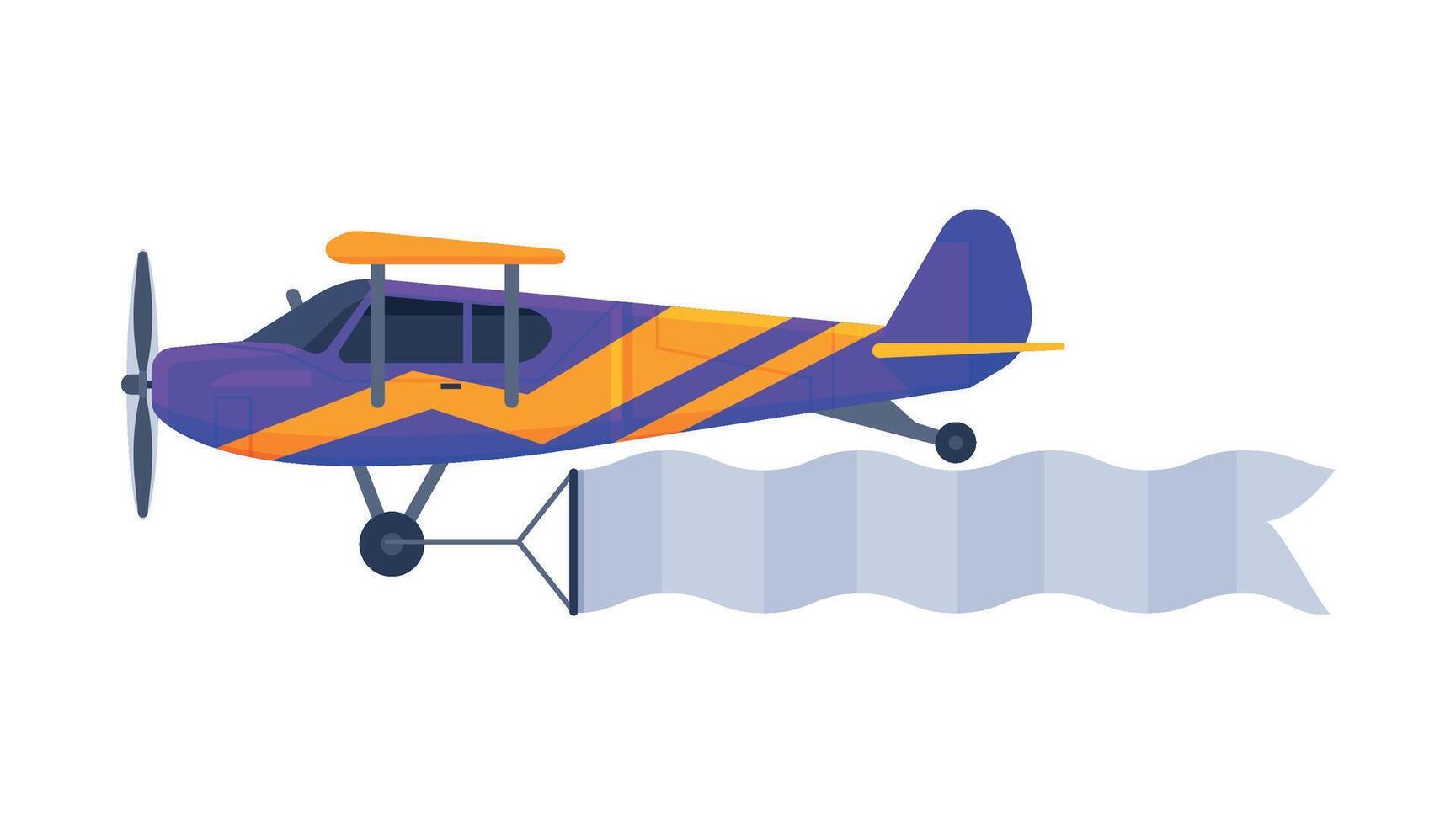 Flying Biplane with Blank Horizontal Banner, Retro Air Vehicle with White Ribbon for Advertising Flat Illustration vector