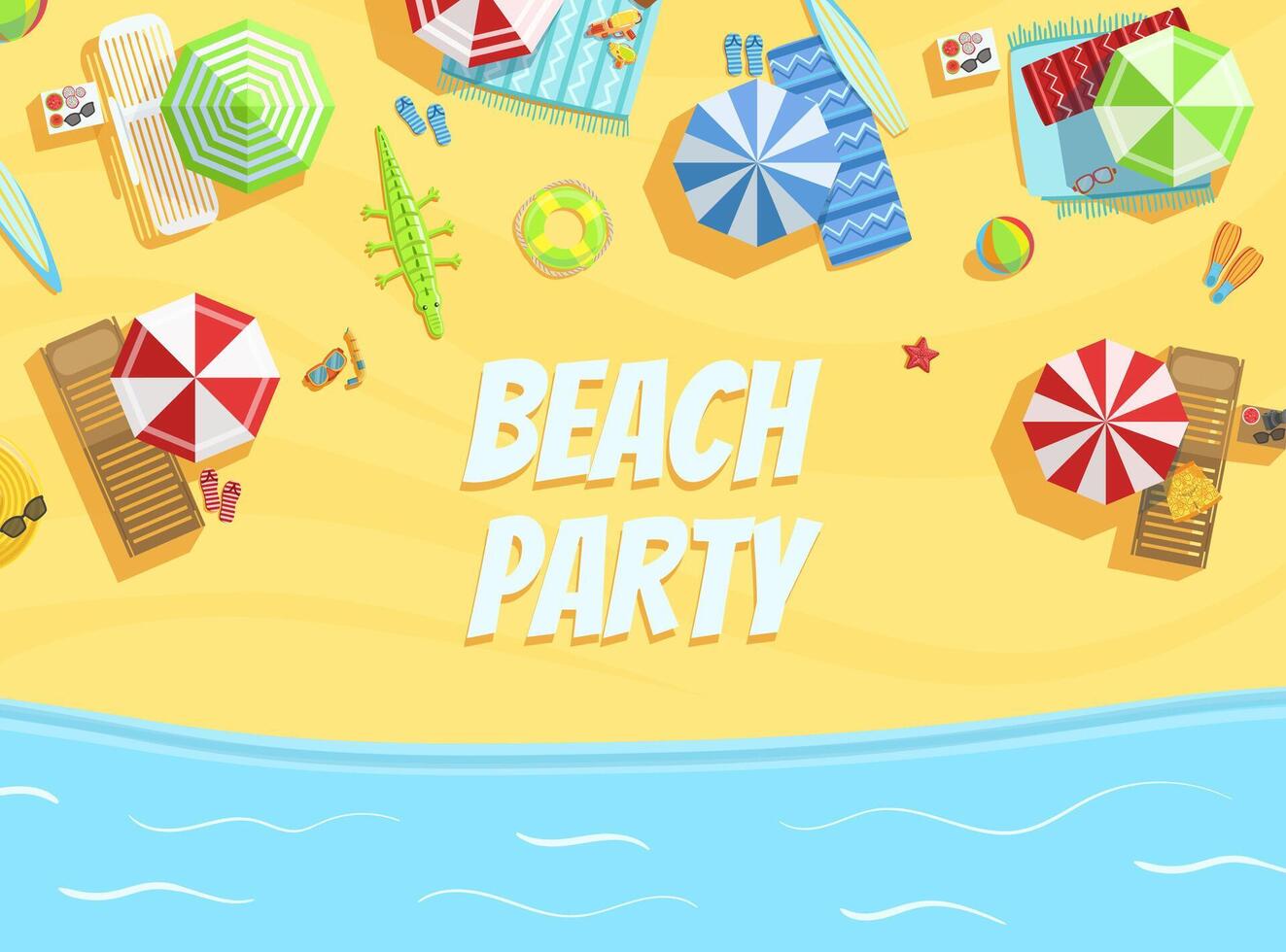 Beach Party Banner Template, Summer Party Invitation Card, Flyer with Tropial Beach and Colorful Parasols Illustration vector