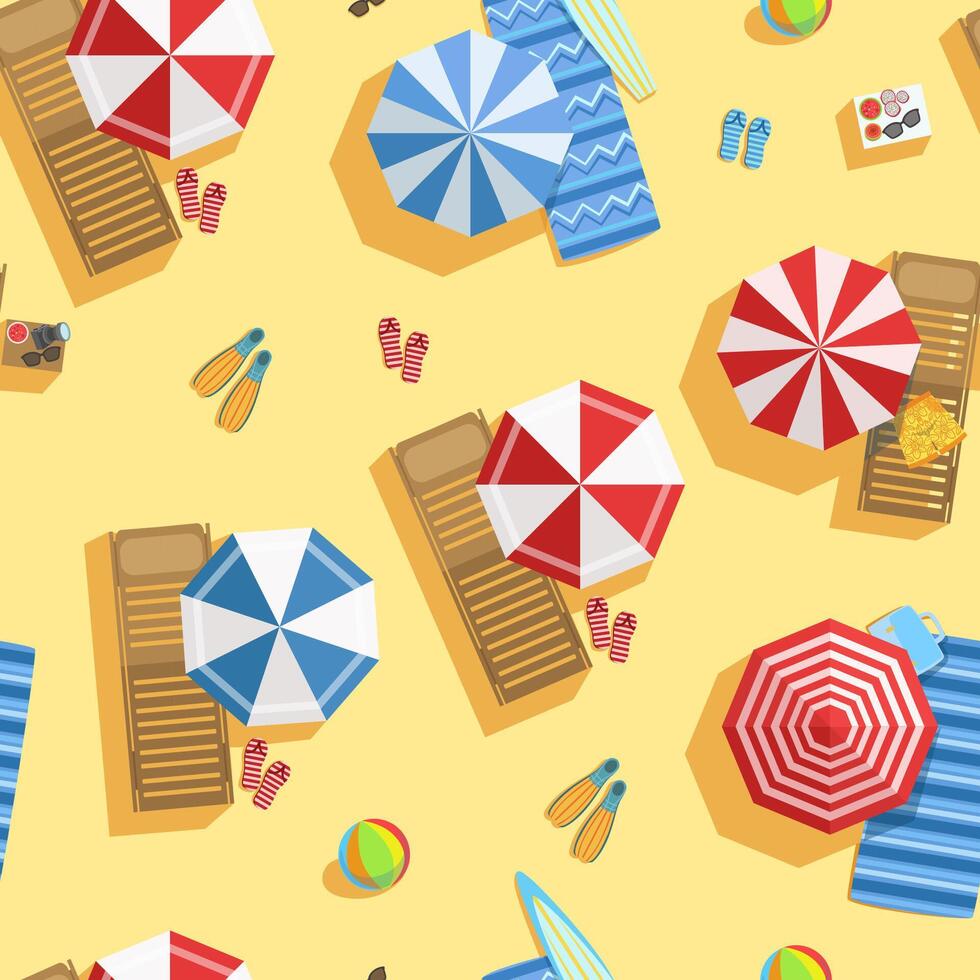 Tropical Beach with Colorful Umbrellas, View from Above, Summer Time Background Illustration vector