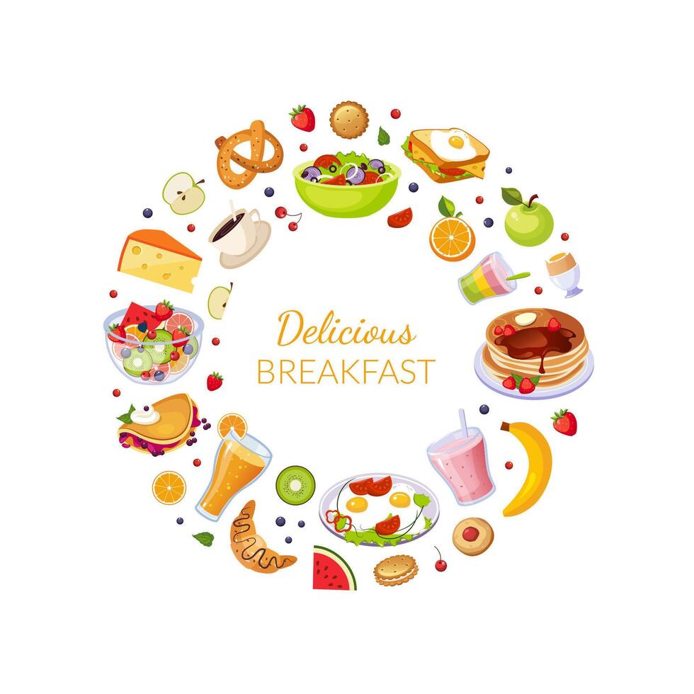 Delicious Breakfast Banner Template with Fresh Tasty Morning Meal Dishes of Circular Shape Frame Illustration vector